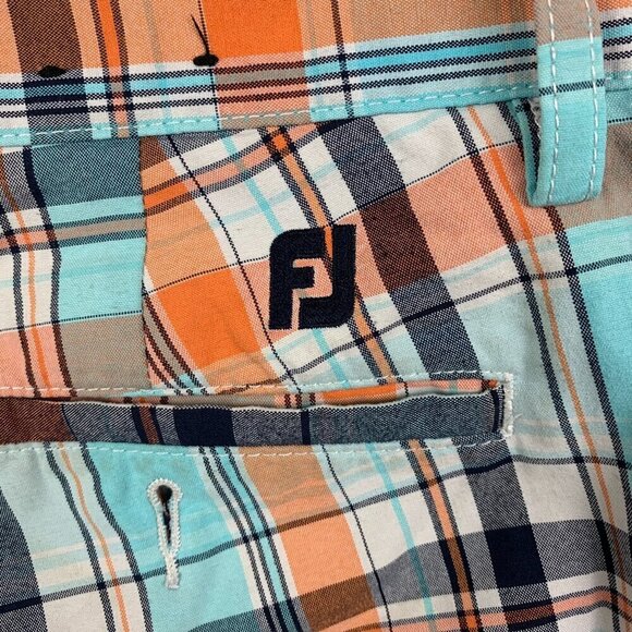 FootJoy Mens Shorts 34 Blue Orange Plaid Chino Golf 10" Inseam Nylon Polyester - Picture 10 of 10
